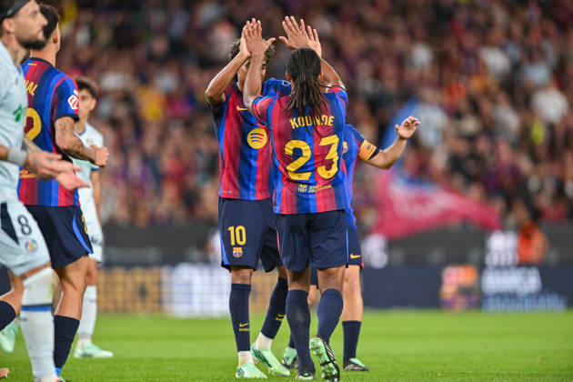FC Barcelona, Barca v GETAFE CF SPOTIFY CAMP NOU. BARCELONA October 10,2026 FC BARCELONA vs GETAFE CF OCTOBER 10 ,2026 Jules Kounde (23) of FC Barcelona celebrates scoring his team s third goal with Lamine Yamal (10) of FC Barcelona during the match between FC Barcelona and Getafe CF corresponding to the eighth day of La Liga EA Sports at at Spotify Camp Nou in Barcelona, Spain. Barcelona ESP Copyright: xS.xRosx