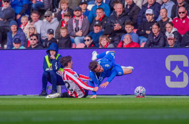 Sunderland v Brighton, Premier League, Football, Stadium Of Light, Sunderland UK - 10 Oct 2026 Trai Hume of Sunderland Association Football Club tackles Sunderland Stadium Of Light Tyne and Wear UK, UK NEWSPAPERS OUT Copyright: xAdamxCookx