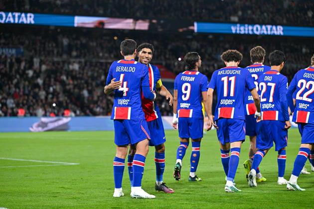 Paris Saint-Germain v Le Mans FC - Ligue 1 McDonald s 2026 2027 Illya ZABARNYI of Paris Saint-Germain , Ferran TORRES of Paris Saint-Germain , Dro FERNANDEZ of Paris Saint-Germain , Mika GODTS of Paris, Maghnes AKLIOUCHE of Paris Saint-Germain , Achraf HAKIMI of Paris Saint-Germain and Lucas BERALDO of Paris Saint-Germain celebrate after scores during Ligue 1 McDonald s match between Paris and Le Mans at Parc des Princes on October 10, 2026 in Paris, France. Paris France  Copyright: xBaptistexFernandezx 776573319