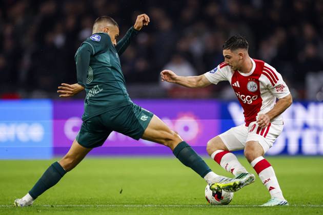 AMSTERDAM - (lr) Gabriel Bras of NEC Nijmegen, Oscar Gloukh of Ajax during the Dutch Eredivisie match between AFC Ajax and NEC Nijmegen at the Johan Cruijff ArenA on October 10, 2026 in Amsterdam, the Netherlands. MAURICE VAN STEEN ANP Eredivisie 2026 27 xVIxANPxSportx xxANPxIVx 572060313 originalFilename: 572060313