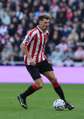 Sunderland, England, 10th October 2026. Thomas Meunier of Sunderland during the Sunderland vs Brighton and Hove Albion Premier League match at the Stadium Of Light, Sunderland. Picture credit should read: Nigel Roddis Sportimage EDITORIAL USE ONLY. No use with unauthorised audio, video, data, fixture lists, club league logos or live services. Online in-match use limited to 120 images, no video emulation. No use in betting, games or single club league player publications. SPI_071_NR_SUND_BRIG SPI-5059-0071