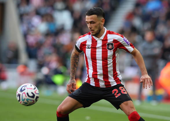 Sunderland, England, 10th October 2026. Enzo Le Fee of Sunderland during the Sunderland vs Brighton and Hove Albion Premier League match at the Stadium Of Light, Sunderland. Picture credit should read: Nigel Roddis Sportimage EDITORIAL USE ONLY. No use with unauthorised audio, video, data, fixture lists, club league logos or live services. Online in-match use limited to 120 images, no video emulation. No use in betting, games or single club league player publications. SPI_077_NR_SUND_BRIG SPI-5059-0077