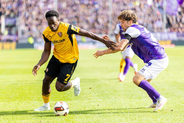 L R Kennedy Okpala (SG Dynamo Dresden, 07) in a tackle with Jannik Mueller (VfL Osnabrück, 24) GER, VfL Osnabrück vs. SG Dynamo Dresden, Soccer, 2. Bundesliga, Matchday 7, 2026–2027 season, October 10, 2026 DFL regulations prohibit any use of photographs as image sequences and or quasi-video GER, VfL Osnabrück vs. SG Dynamo Dresden, Soccer, 2. Bundesliga, Matchday 7, 2026–2027 season, October 10, 2026, Osnabrück Copyright: xEibner-Pressefoto JanxRollingerx EP_JSK