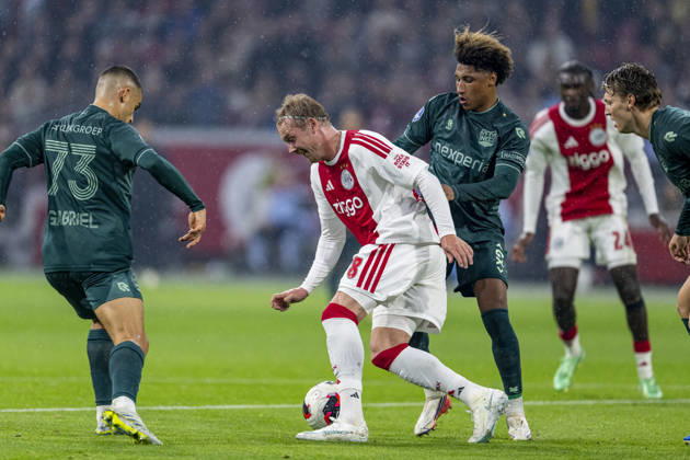 AMSTERDAM l AFC Ajax Amsterdam forward Julian Brandt and NEC Nijmegen midfielder Noe Lebreton during the Vriendenloterij Eredivisie match between Ajax and NEC at the Johan Cruijff ArenA on October 10, 2026, in Amsterdam, Netherlands. Photo by DeFodi Images