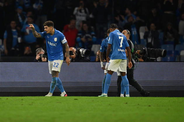 IPA89518467 - Noa Lang of S.S.C. Napoli celebrates after scoring the goal that made the score 2-0 during Matchday 6 of the Serie A Championship between S.S.C. Napoli and Frosinone Calcio at the Diego Armando Maradona Stadium on October 10, 2026, in Naples, Italy. Copyright: xDomenicoxCippitelli IPAxSportx xx IPA89518467