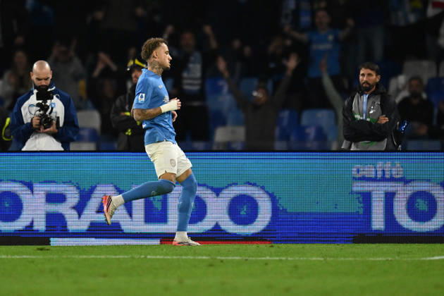 IPA89518473 - Noa Lang of S.S.C. Napoli celebrates after scoring the goal that made the score 2-0 during Matchday 6 of the Serie A Championship between S.S.C. Napoli and Frosinone Calcio at the Diego Armando Maradona Stadium on October 10, 2026, in Naples, Italy. Copyright: xDomenicoxCippitelli IPAxSportx xx IPA89518473