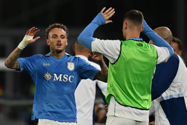 IPA89518485 - Noa Lang of S.S.C. Napoli celebrates after scoring the goal that made the score 2-0 during Matchday 6 of the Serie A Championship between S.S.C. Napoli and Frosinone Calcio at the Diego Armando Maradona Stadium on October 10, 2026, in Naples, Italy. Copyright: xDomenicoxCippitelli IPAxSportx xx IPA89518485
