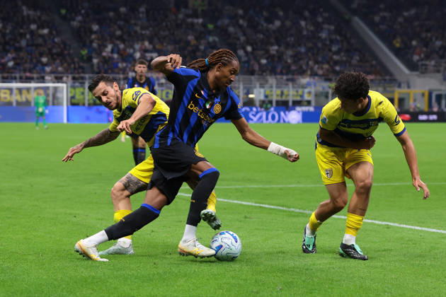 FC Internazionale v Parma Calcio 1913 - Serie A - Season 2026-2027 Milan, Italy, 10th October 2026. Djed Spence of FC Internazionale takes on Emanuele Valeri and Simone Lontani of Parma Calcio during the FC Internazionale vs Parma Calcio 1913 Serie A match at Giuseppe Meazza, Milan. Picture credit should read: Jonathan Moscrop Milan Stadio Giuseppe Meazza Italy