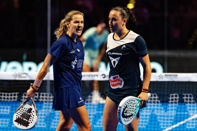 DÜSSELDORF, GERMANY - 10 OCTOBER 2026: Image shows the celebration of Ariana Sanchez Fallada (ESP) and Andrea Ustero Prieto (ESP) during CUPRA Germany Premier Padel P2 2026 Day 7: Semifinals at CASTELLO Düsseldorf on 10 10 2026 in Düsseldorf, Germany. Germany Copyright: xFröhlichxPascalx
