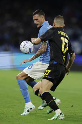 Serie a football match SSC Napoli vs Frosinone Napoli s Spanish defender Rafa Marin challenges for the ball with Frosinone s Georgian forward Giorgi Kvernadze during the Serie A football match between SSC Napoli vs Frosinone at the Diego Armando Maradona Stadium in Naples, southern Italy, on October 10, 2026. _BPH8857 Copyright: xAntonioxBalascox