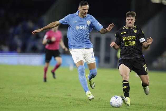 Serie a football match SSC Napoli vs Frosinone Napoli s Italian forward Lorenzo Lucca challenges for the ball with Frosinone s Italian defender Gabriele Bracaglia during the Serie A football match between SSC Napoli vs Frosinone at the Diego Armando Maradona Stadium in Naples, southern Italy, on October 10, 2026. _BPH9184 Copyright: xAntonioxBalascox