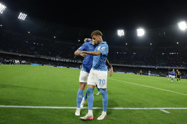 SOCCER - Serie A - SSC Napoli vs. Frosinone Calcio Photo by IPA ABACAPRESS.COM89517625 - Napoli s Dutch midfielder Noa Lang celebrates after scoring the goal that made the score 2-0 during the Serie A soccer match between SSC Napoli and Frosinone at the Diego Armando Maradona Stadium in Naples, southern Italy, on October 10, 2026. Naples Italy Copyright: xIPAxSport ABACAx