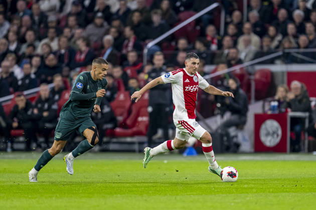 AMSTERDAM l NEC Nijmegen defender Gabriel Bras and AFC Ajax Amsterdam midfielder Oscar Gloukh during the Vriendenloterij Eredivisie match between Ajax and NEC at the Johan Cruijff ArenA on October 10, 2026, in Amsterdam, the Netherlands. Photo by DeFodi Images