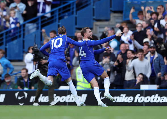 10th October 2026; Stamford Bridge, London, England; Premier League Football, Chelsea versus Bournemouth; Jordan Henderson of Chelsea celebrates scoring his sides 5th goal from a direct free kick in the 70th minute to make it 5-1 with Cole Palmer of Chelsea JohnxPatrickxFletcher