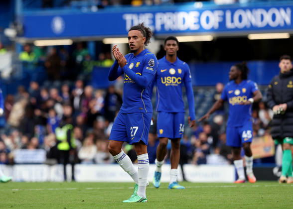 10th October 2026; Stamford Bridge, London, England; Premier League Football, Chelsea versus Bournemouth; Malo Gusto of Chelsea applauding the Chelsea fans after the match JohnxPatrickxFletcher
