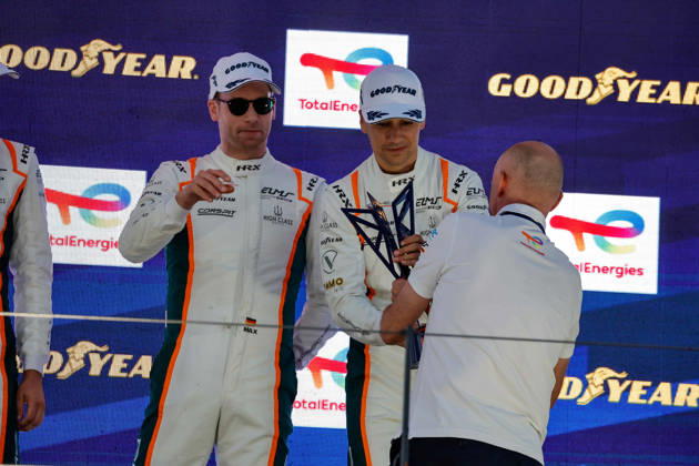 AUTO - ELMS - 4 HOURS OF PORTIMAO 2026 75 KURZEJEWSKI Matt (usa), SARGENT Thomas (usa), LIETZ Richard (aut), Proton Competition, Porsche 911 GT3 R LMGT3, LMGT3, 33 MCDONALD Blake (usa), UDELL Alec (usa), EASTWOOD Charlie (irl), TF Corvette Z06 LMGT3.R, LMGT3, 54 MORITZ Max (ger), PAQUE Benjamin (bel), BACHLER Klaus (aut), High Class Racing, Porsche 911 GT3 R LMGT3, LMGT3, podium, portrait celebration during the 4 Hours of Portimao 2026, 6th round of the 2026 European Le Mans Series on the Autodromo Internacional do Algarve from October 8 to 10, 2026 in Portimao, Portugal - PortimaoPortugal Copyright: xPauloxMariax