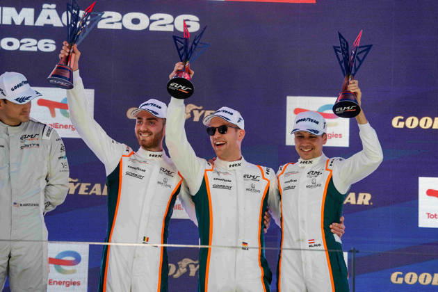 AUTO - ELMS - 4 HOURS OF PORTIMAO 2026 75 KURZEJEWSKI Matt (usa), SARGENT Thomas (usa), LIETZ Richard (aut), Proton Competition, Porsche 911 GT3 R LMGT3, LMGT3, 33 MCDONALD Blake (usa), UDELL Alec (usa), EASTWOOD Charlie (irl), TF Corvette Z06 LMGT3.R, LMGT3, 54 MORITZ Max (ger), PAQUE Benjamin (bel), BACHLER Klaus (aut), High Class Racing, Porsche 911 GT3 R LMGT3, LMGT3, podium, portrait celebration during the 4 Hours of Portimao 2026, 6th round of the 2026 European Le Mans Series on the Autodromo Internacional do Algarve from October 8 to 10, 2026 in Portimao, Portugal - PortimaoPortugal Copyright: xPauloxMariax