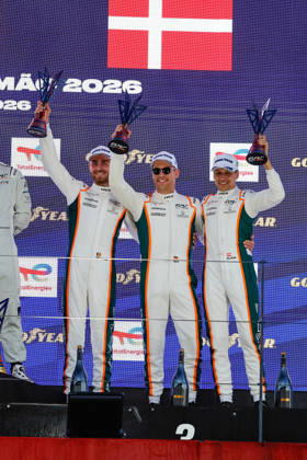 AUTO - ELMS - 4 HOURS OF PORTIMAO 2026 75 KURZEJEWSKI Matt (usa), SARGENT Thomas (usa), LIETZ Richard (aut), Proton Competition, Porsche 911 GT3 R LMGT3, LMGT3, 33 MCDONALD Blake (usa), UDELL Alec (usa), EASTWOOD Charlie (irl), TF Corvette Z06 LMGT3.R, LMGT3, 54 MORITZ Max (ger), PAQUE Benjamin (bel), BACHLER Klaus (aut), High Class Racing, Porsche 911 GT3 R LMGT3, LMGT3, podium, portrait celebration during the 4 Hours of Portimao 2026, 6th round of the 2026 European Le Mans Series on the Autodromo Internacional do Algarve from October 8 to 10, 2026 in Portimao, Portugal - PortimaoPortugal Copyright: xPauloxMariax