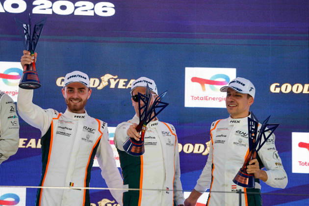 AUTO - ELMS - 4 HOURS OF PORTIMAO 2026 75 KURZEJEWSKI Matt (usa), SARGENT Thomas (usa), LIETZ Richard (aut), Proton Competition, Porsche 911 GT3 R LMGT3, LMGT3, 33 MCDONALD Blake (usa), UDELL Alec (usa), EASTWOOD Charlie (irl), TF Corvette Z06 LMGT3.R, LMGT3, 54 MORITZ Max (ger), PAQUE Benjamin (bel), BACHLER Klaus (aut), High Class Racing, Porsche 911 GT3 R LMGT3, LMGT3, podium, portrait celebration during the 4 Hours of Portimao 2026, 6th round of the 2026 European Le Mans Series on the Autodromo Internacional do Algarve from October 8 to 10, 2026 in Portimao, Portugal - PortimaoPortugal Copyright: xPauloxMariax