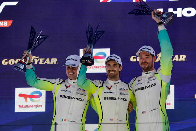 AUTO - ELMS - 4 HOURS OF PORTIMAO 2026 75 KURZEJEWSKI Matt (usa), SARGENT Thomas (usa), LIETZ Richard (aut), Proton Competition, Porsche 911 GT3 R LMGT3, LMGT3, 33 MCDONALD Blake (usa), UDELL Alec (usa), EASTWOOD Charlie (irl), TF Corvette Z06 LMGT3.R, LMGT3, 54 MORITZ Max (ger), PAQUE Benjamin (bel), BACHLER Klaus (aut), High Class Racing, Porsche 911 GT3 R LMGT3, LMGT3, podium, portrait celebration during the 4 Hours of Portimao 2026, 6th round of the 2026 European Le Mans Series on the Autodromo Internacional do Algarve from October 8 to 10, 2026 in Portimao, Portugal - PortimaoPortugal Copyright: xPauloxMariax