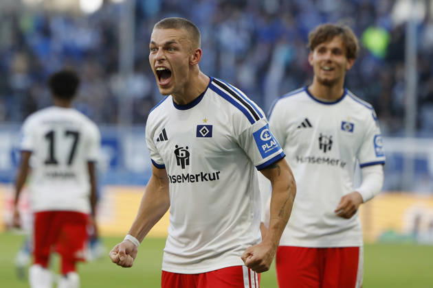 Goal scorer: Miro Muheim (HSV), Celebrating after his goal to make it 2–3, cheering, celebrated, cheers, cheering, emotions during the Bundesliga match between TSG 1899 Hoffenheim and Hamburger SV at the PreZero Arena, Sinsheim, Germany, on October 10, 2026, in action during the Bundesliga match between TSG 1899 Hoffenheim and Hamburger SV at the PreZero Arena, Sinsheim, Germany, on October 10, 2026. DFB and DFL regulations prohibit any use of photographs as image sequences and or quasi-video, Copyright: HMBxMedia xHeikoxBecker