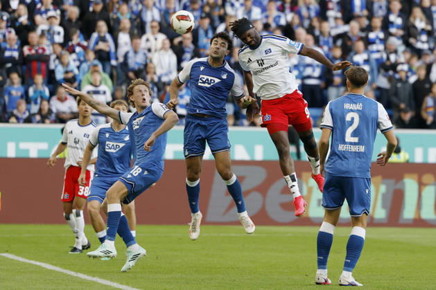 Terem Moffi of HSV outjumps Ozan Kabak of TSG Hoffenheim for a header and scores the goal to tie the game at 2–2, celebrating the goal in the Bundesliga match between TSG 1899 Hoffenheim and Hamburger SV at the PreZero Arena, Sinsheim, Germany, on October 10, 2026, in action during the Bundesliga match between TSG 1899 Hoffenheim and Hamburger SV at the PreZero Arena, Sinsheim, Germany, on October 10, 2026. DFB and DFL regulations prohibit any use of photographs as image sequences and or quasi-video, Copyright: HMBxMedia xHeikoxBecker