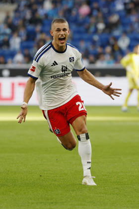 Goal scorer: Miro Muheim (HSV), Celebrating after his goal to make it 2–3, cheering, celebrated, cheers, cheering, emotions during the Bundesliga match between TSG 1899 Hoffenheim and Hamburger SV at the PreZero Arena, Sinsheim, Germany, on October 10, 2026, in action during the Bundesliga match between TSG 1899 Hoffenheim and Hamburger SV at the PreZero Arena, Sinsheim, Germany, on October 10, 2026. DFB and DFL regulations prohibit any use of photographs as image sequences and or quasi-video, Copyright: HMBxMedia xHeikoxBecker