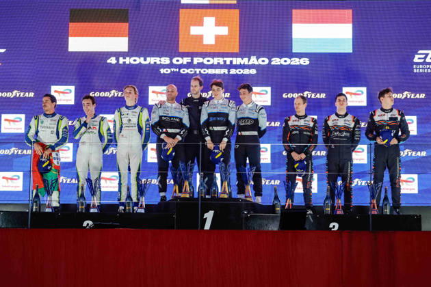 AUTO - ELMS - 4 HOURS OF PORTIMAO 2026 17 LANCHERE Paul (fra), JACOBY Alexander (bra), IGLESIAS Louis (fra), CLX Motorsport, Ligier JS P325 - Toyota, LMP3, 05 FERNANDES CAUTELA JosÃ (por), RODELLA Alvise (uae), PEDERSEN Mikkel Gaarde (den), Rinaldi Racing, Ligier JS P325 - Toyota, LMP3, 04 RAMMO Antti (est), FAVRE Romain (fra), HENRION Gillian (fra), DKR Engineering, Ligier JS P325 - Toyota, LMP3, podium, portrait celebration during the 4 Hours of Portimao 2026, 6th round of the 2026 European Le Mans Series on the Autodromo Internacional do Algarve from October 8 to 10, 2026 in Portimao, Portugal - PortimaoPortugal  Copyright: xPauloxMariax