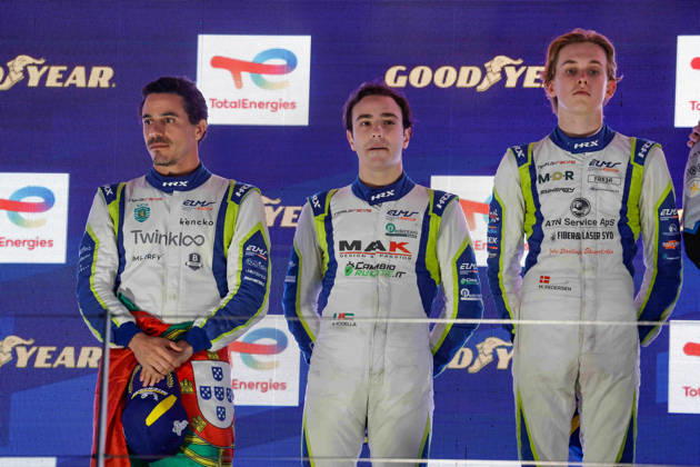 AUTO - ELMS - 4 HOURS OF PORTIMAO 2026 17 LANCHERE Paul (fra), JACOBY Alexander (bra), IGLESIAS Louis (fra), CLX Motorsport, Ligier JS P325 - Toyota, LMP3, 05 FERNANDES CAUTELA JosÃ (por), RODELLA Alvise (uae), PEDERSEN Mikkel Gaarde (den), Rinaldi Racing, Ligier JS P325 - Toyota, LMP3, 04 RAMMO Antti (est), FAVRE Romain (fra), HENRION Gillian (fra), DKR Engineering, Ligier JS P325 - Toyota, LMP3, podium, portrait celebration during the 4 Hours of Portimao 2026, 6th round of the 2026 European Le Mans Series on the Autodromo Internacional do Algarve from October 8 to 10, 2026 in Portimao, Portugal - PortimaoPortugal  Copyright: xPauloxMariax