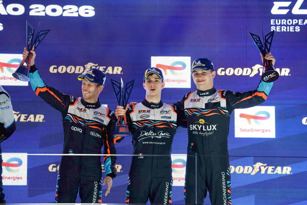 AUTO - ELMS - 4 HOURS OF PORTIMAO 2026 17 LANCHERE Paul (fra), JACOBY Alexander (bra), IGLESIAS Louis (fra), CLX Motorsport, Ligier JS P325 - Toyota, LMP3, 05 FERNANDES CAUTELA JosÃ (por), RODELLA Alvise (uae), PEDERSEN Mikkel Gaarde (den), Rinaldi Racing, Ligier JS P325 - Toyota, LMP3, 04 RAMMO Antti (est), FAVRE Romain (fra), HENRION Gillian (fra), DKR Engineering, Ligier JS P325 - Toyota, LMP3, podium, portrait celebration during the 4 Hours of Portimao 2026, 6th round of the 2026 European Le Mans Series on the Autodromo Internacional do Algarve from October 8 to 10, 2026 in Portimao, Portugal - PortimaoPortugal  Copyright: xPauloxMariax