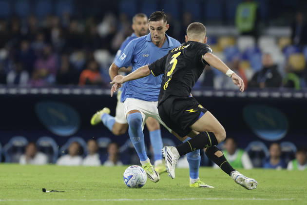 Serie a football match SSC Napoli vs Frosinone Napoli s Italian forward Lorenzo Lucca challenges for the ball with Frosinone s Italian defender Gabriele Calvani during the Serie A football match between SSC Napoli vs Frosinone at the Diego Armando Maradona Stadium in Naples, southern Italy, on October 10, 2026. _BPH9872 Copyright: xAntonioxBalascox