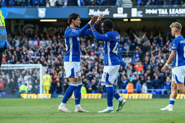 10th October 2026; Portman Road, Ipswich, Suffolk, England; Premier League Football, Ipswich Town versus Fulham; Abdoul Ouattara and Sasa Lukic of Ipswich Town high five each other after their win AndyxSkinner