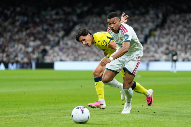 October 10, 2026, Madrid, Madrid, Spain: Kylian Mbappe of Real Madrid CF and Sergi Cardona of Villarreal CF compete for the ball during the Spanish League, LaLiga EA Sports, football match between Real Madrid and Villarreal CF at Bernabeu stadium on October 10, 2026, in Madrid, Spain. Real Madrid V Villarreal CF - LaLiga EA Sports  - ZUMAa181 20261010_zaa_a181_261 Copyright: xDennisxAgyemanx