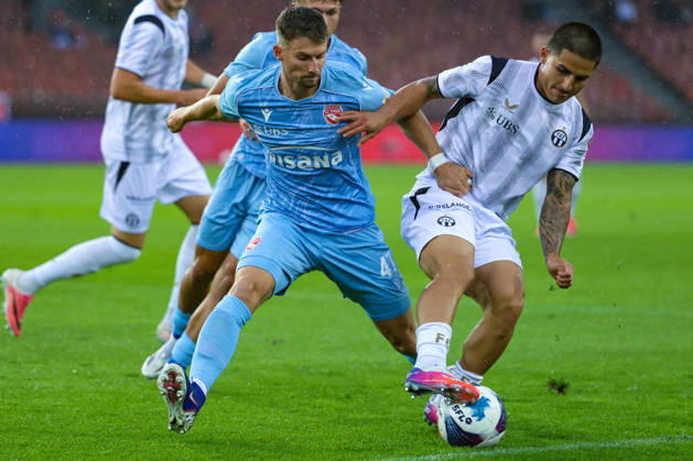 FC Zurich vs. FC Thun, Brack Super League, October 10, 2026. Fabio Fehr (47, FC Thun, left) and z38 in a tackle during the Brack Super League soccer match between FC Zurich and FC Thun on October 10, 2026, Letzigrund Stadium, Zurich, Switzerland Zurich Letzigrund Stadium Zurich Switzerland