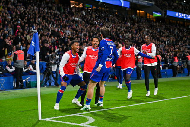 Paris Saint-Germain v Le Mans FC - Ligue 1 McDonald s 2026 2027 DÃ sirÃ DOUE of Paris Saint-Germain , MARQUINHOS of Paris Saint-Germain and Khvicha KVARATSKHELIA of Paris Saint-Germain celebrate after scores during Ligue 1 McDonald s match between Paris and Le Mans at Parc des Princes on October 10, 2026 in Paris, France. Paris France  Copyright: xBaptistexFernandezx 776573319