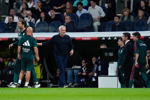 October 10, 2026, Madrid, Madrid, Spain: Jose Mourinho, head coach of Real Madrid, protests during the Spanish League, LaLiga EA Sports, football match between Real Madrid and Villarreal CF at Bernabeu stadium on October 10, 2026, in Madrid, Spain. Real Madrid V Villarreal CF - LaLiga EA Sports - ZUMAa181 20261010_zaa_a181_302 Copyright: xDennisxAgyemanx