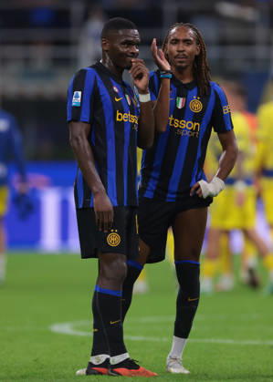 FC Internazionale v Parma Calcio 1913 - Serie A - Season 2026-2027 Milan, Italy, 10th October 2026. Djed Spence of FC Internazionale discusses with team mate Ange-Yoan Bonny following the FC Internazionale vs Parma Calcio 1913 Serie A match at Giuseppe Meazza, Milan. Picture credit should read: Jonathan Moscrop Milan Stadio Giuseppe Meazza Italy