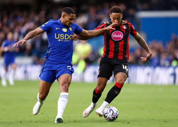 Chelsea gegen Bournemouth, 10. Oktober 2026, London, Premier League, Fußball: Chelsea gegen Bournemouth – Marcus Tavernier von Bournemouth und Maxence Lacroix von Chelsea. Foto: Jacques Feeney, Offside, London, Großbritannien Copyright: xJacquesxFeeneyx xOffsidexOffside