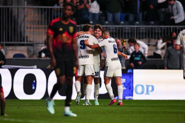 October 10, 2026: Philadelphia Union Forward Bruno Damiani (9), Philadelphia Union Forward Milan Iloski (10) and Philadelphia Union Midfielder Cavan Sullivan (6) celebrate a goal during the first half of an MLS, Fussball Herren, USA match against Real Salt Lake at Subaru Park in Chester, Pennsylvania. CSM Chester United States of America - ZUMAc04_ 20261010_zma_c04_265 Copyright: xKylexRoddenx