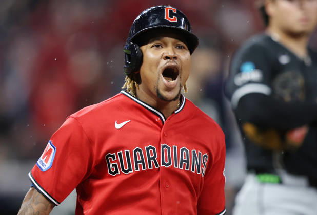 Cleveland Guardians Jose Ramirez (11) celebrates after hitting a two-run home run against the Chicago White Sox in the fourth inning of an MLB, Baseball Herren, USA American League Division Series at Progressive Field in Cleveland, Ohio, on Saturday, October 10, 2026. CLE20261010719 AARONxJOSEFCZYK