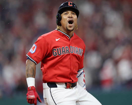 Cleveland Guardians Jose Ramirez (11) celebrates after hitting a two-run home run against the Chicago White Sox in the fourth inning of an MLB, Baseball Herren, USA American League Division Series at Progressive Field in Cleveland, Ohio, on Saturday, October 10, 2026.  CLE20261010720 AARONxJOSEFCZYK