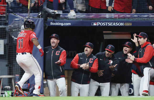 Cleveland Guardians Jose Ramirez (11) celebrates with teammates after hitting a two-run home run against the Chicago White Sox in the fourth inning of an MLB, Baseball Herren, USA American League Division Series at Progressive Field in Cleveland, Ohio, on Saturday, October 10, 2026. CLE20261010722 AARONxJOSEFCZYK