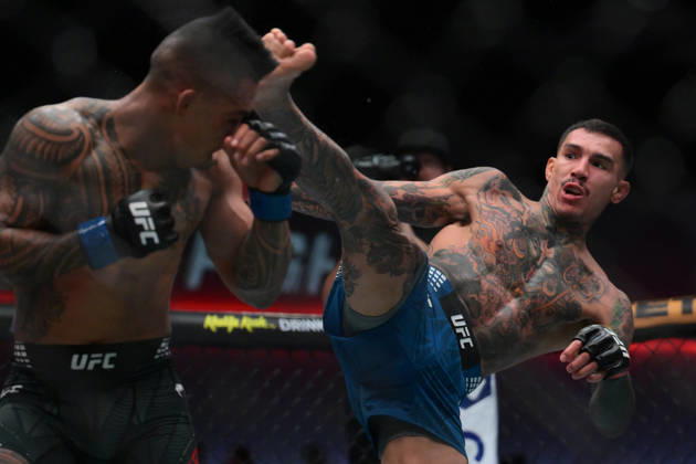 October 10, 2026, Las Vegas, Nevada, USA: ANDRE FILI defeats KAI KAMAKA III by KO, Round 2, :22 during UFC Fight Night night the Meta APEX in Las Vegas. UFC Fight Night: Andre Fili Defeats Kai Kamaka III By KO - ZUMAo117 20261010_zsp_o117_005 Copyright: xMikaelxOnax