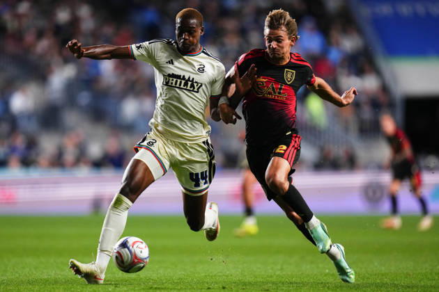 October 10, 2026: Philadelphia Union Defender Neil Pierre (44) and Real Salt Lake Forward Sergi Solans (22) battle for the ball during the second half of an MLS, Fussball Herren, USA match at Subaru Park in Chester, Pennsylvania. CSM Chester United States of America - ZUMAc04_ 20261010_zma_c04_325 Copyright: xKylexRoddenx