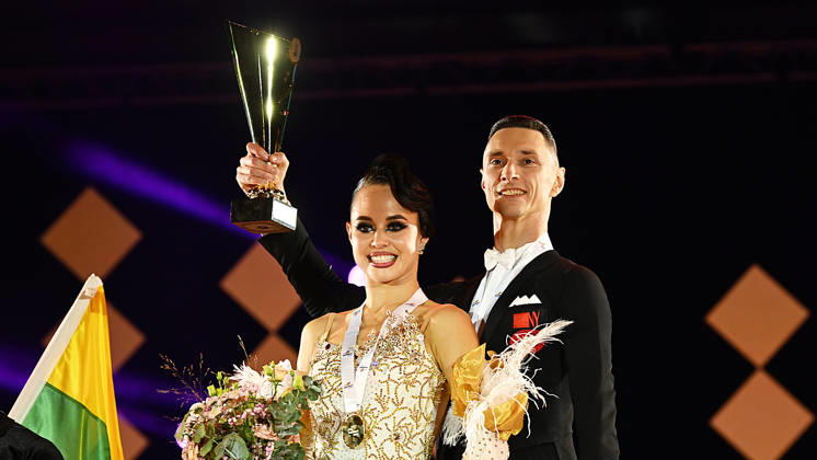 2026 World Standard Dance Championships in Leipzig, WDSF World Championships, October 10, 2026. Winners of the World Dance Championships in Leipzig on October 10, 2026: Gold medalists Vadim Shurin and Anastasia Meshkova from Latvia. Downtown Leipzig, Saxony, Germany. Leipzig Exhibition Center, Neue Messe Leipzig.