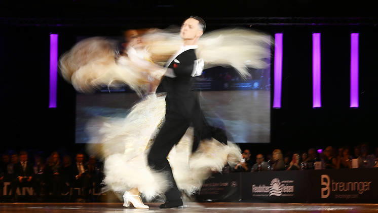 2026 World Standard Dance Championships in Leipzig, WDSF World Championships, October 10, 2026. Winners of the World Dance Championships in Leipzig on October 10, 2026: Gold medalists Vadim Shurin and Anastasia Meshkova from Latvia in action in Leipzig, Saxony, Germany, at the Leipzig Exhibition Center (Neue Messe Leipzig).