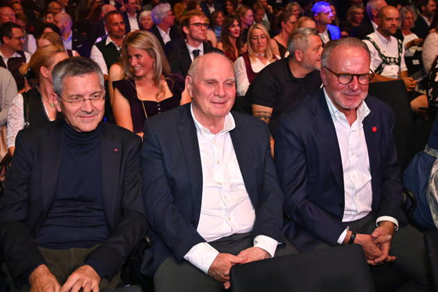 From left: Herbert HAINER, President of Bayern Munich; Uli HOENESS, Honorary President of Bayern Munich; Karl Heinz RUMMENIGGE, former CEO; Bavarian Sports Award 2026 at BMW Welt, Red Carpet on October 10, 2026