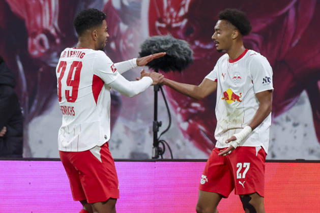 Tidiam Gomis of RB Leipzig celebrates his goal—making the score 6–0—with Benjamin Henrichs of RB Leipzig during the Bundesliga match between RB Leipzig and Eintracht Frankfurt, Red Bull Arena on October 10, 2026, in Leipzig, Germany. Photo by Marco Steinbrenner, DeFodi Images. Tidiam Gomis of RB Leipzig celebrates after scoring his team’s sixth goal with Benjamin Henrichs of RB Leipzig during the Bundesliga match between RB Leipzig and Eintracht Frankfurt at Red Bull Arena on October 10, 2026 in Leipzig, Germany. Photo by Marco Steinbrenner, DeFodi Images. DFB and DFL regulations prohibit any use of photographs as image sequences and or quasi-video. Photo by Marco Steinbrenner, DeFodi Images