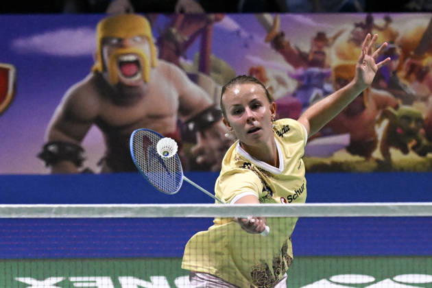 Mia Blichfeldt of Denmark hits a return during her women s singles match against Ratchanok Intanon of Thailand (not pictured) during the finals at the badminton Clash of Clans Arctic Open 2026 tournament in Vantaa, Finland, on October 11, 2026. - ANTTI AIMO-KOIVISTO Finland lvtmrMsTyHc Copyright: xAnttixAimo-Koivistox lvtmrMsTyHc