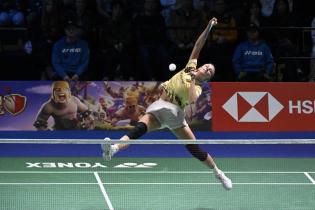 Mia Blichfeldt of Denmark hits a return during her women s singles match against Ratchanok Intanon of Thailand (not pictured) during the finals at the badminton Clash of Clans Arctic Open 2026 tournament in Vantaa, Finland, on October 11, 2026. - ANTTI AIMO-KOIVISTO Finland tUI-vf6qD14 Copyright: xAnttixAimo-Koivistox tUI-vf6qD14